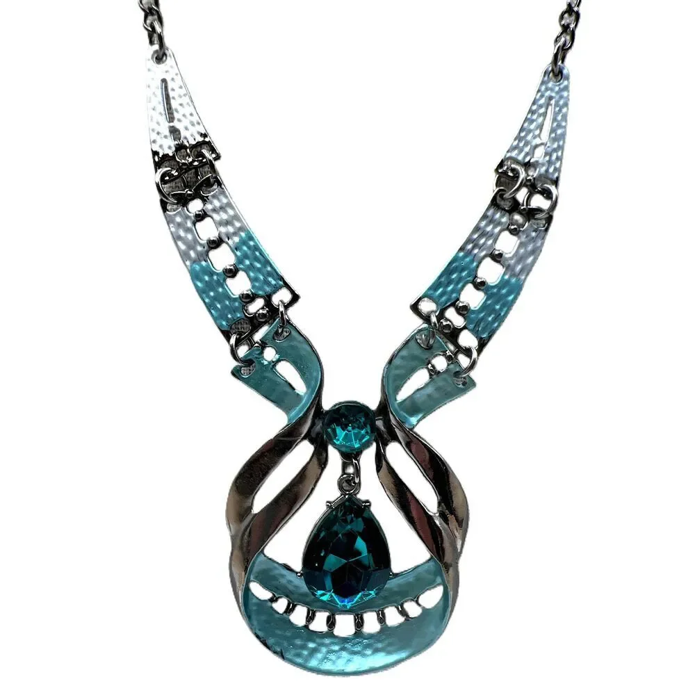 NEW Blue Crystal Silver Tone Drop Earrings Necklace Set - Picture 3 of 15